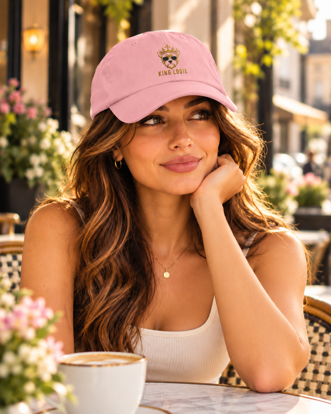 Woman wearing pink King Eddie signature crest dad hat at an outdoor café.