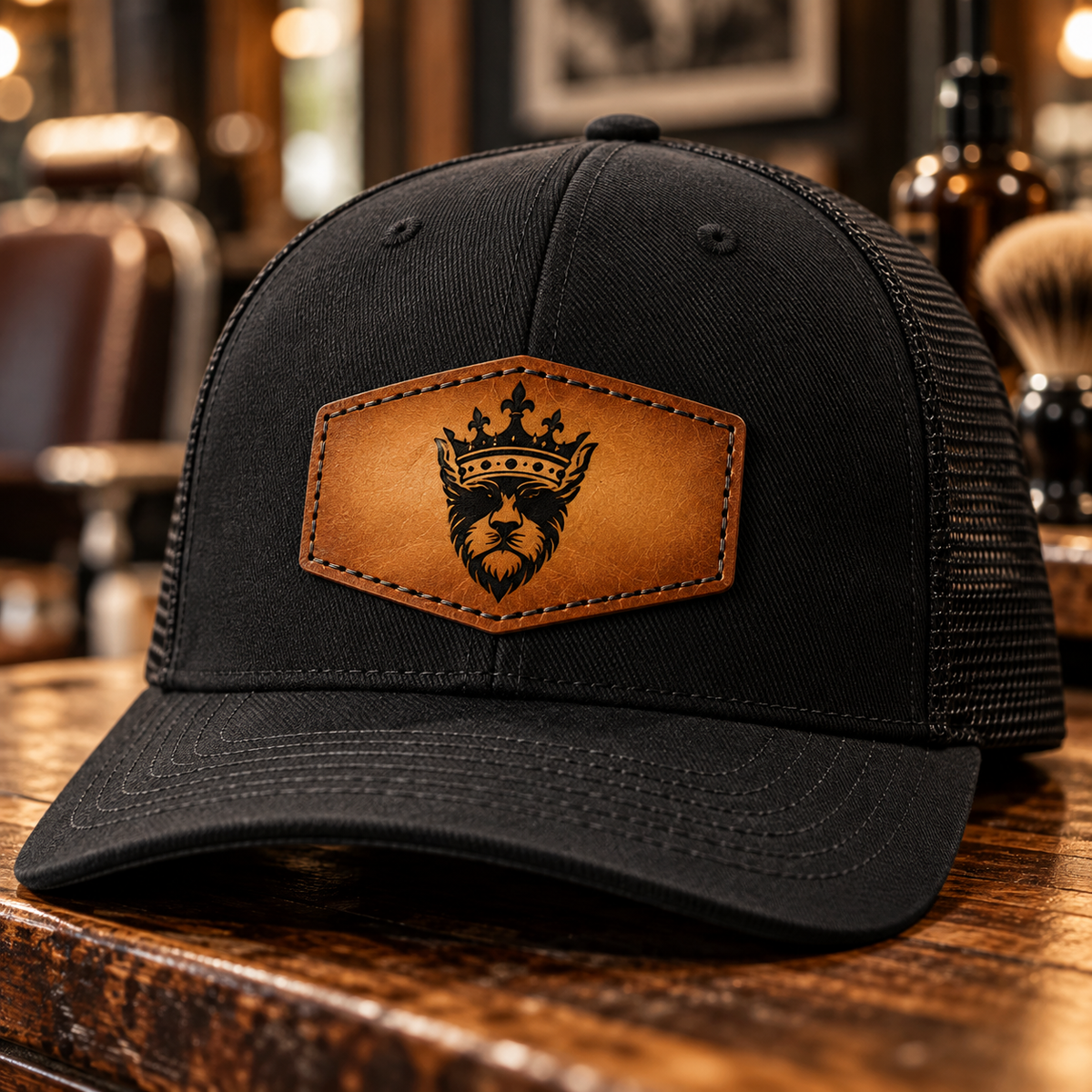 Close-up of the King Eddie Heritage Leather Patch Trucker Hat, showing the tan leather patch with embossed crest logo, detailed stitching, and black cap fabric texture.