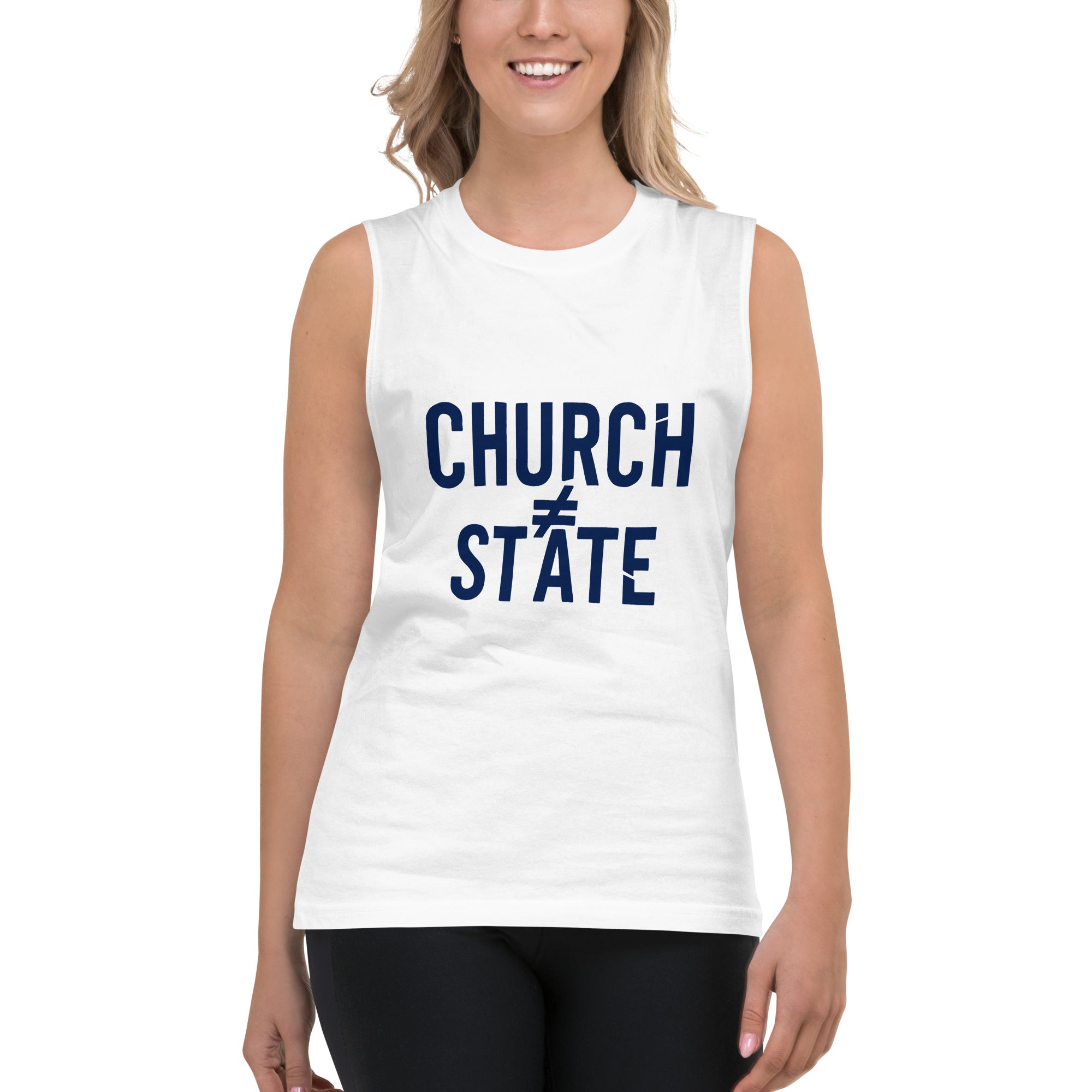 Rebellion, but breezy. This “Church ≠ State” tank keeps your arms free and your sarcasm sharp.